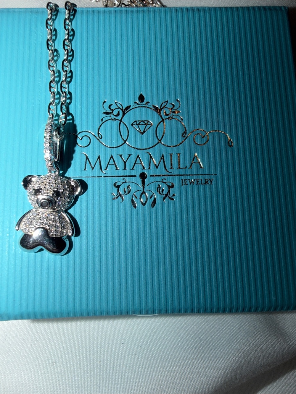 Silver Teddy Bear Pendant Necklace - White Crystal Accent